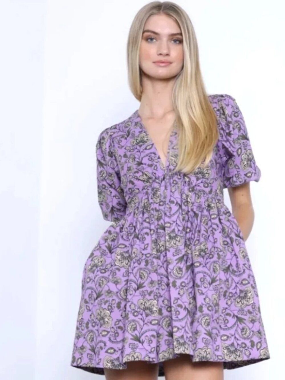 EUC Karina Grimaldi XS Paisley Mini Dress Purple Floral Cotton Deep-V Open Back